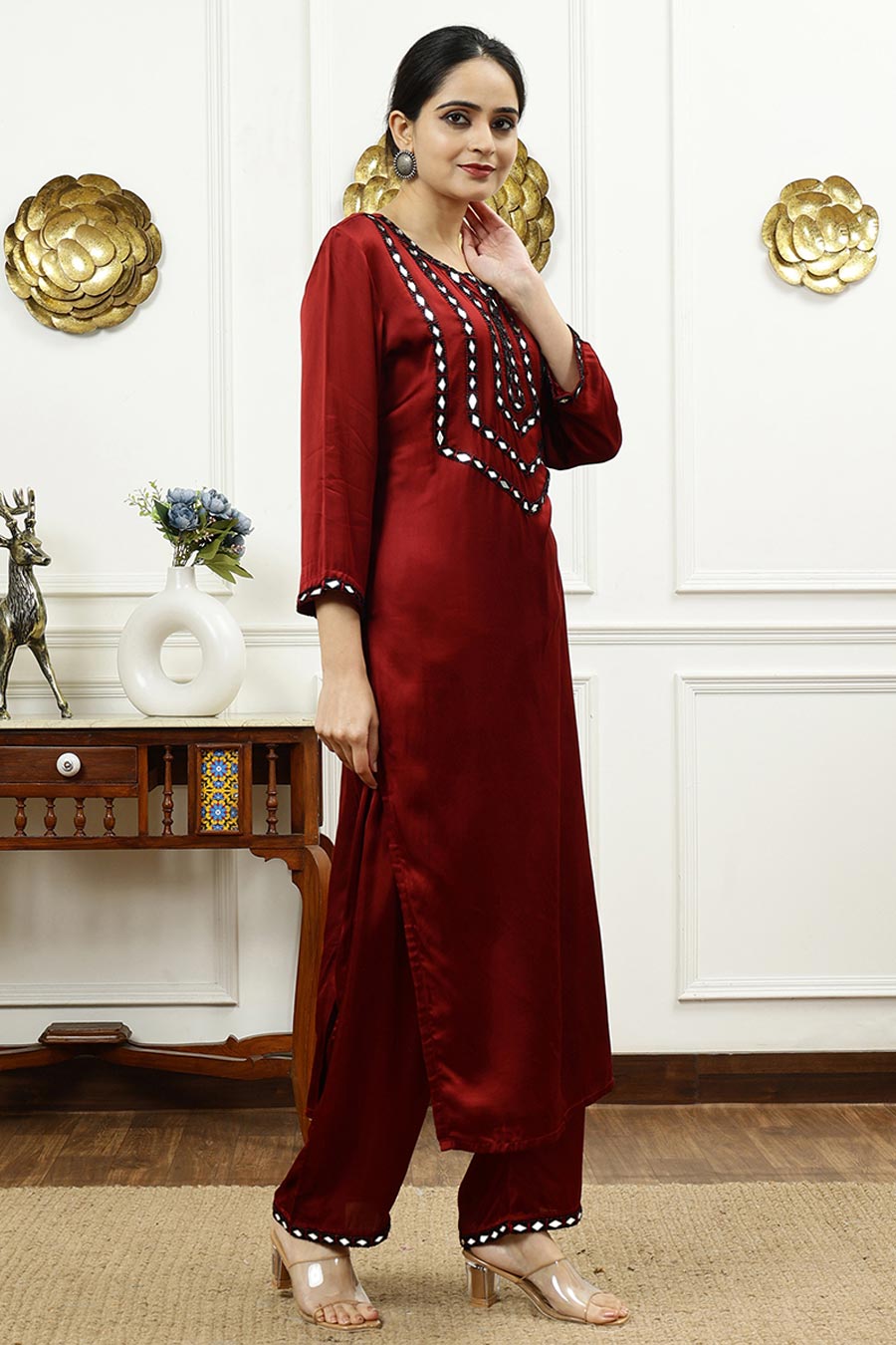 Rust Silk Embroidered Kurta & Pant Set