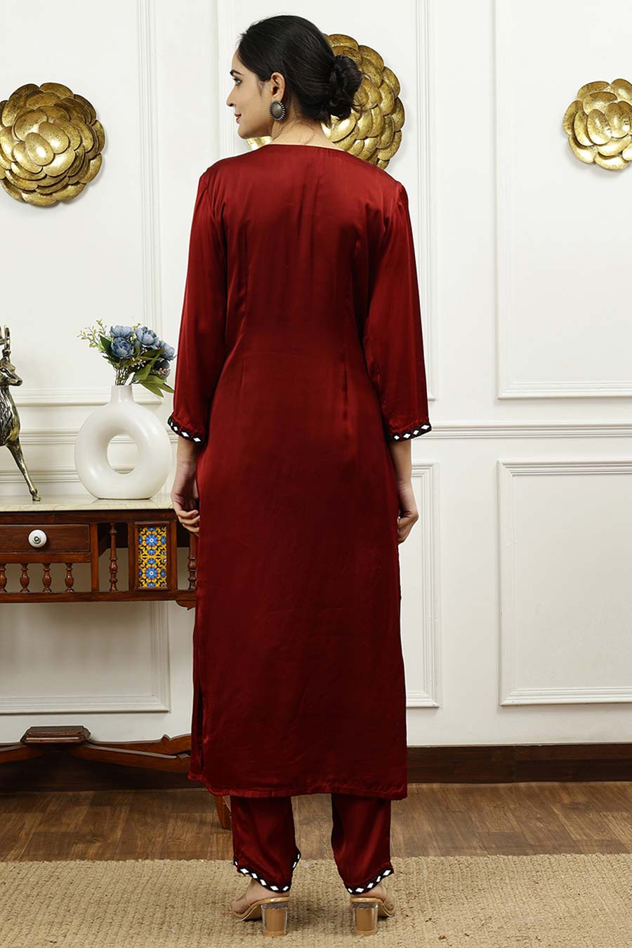 Rust Silk Embroidered Kurta & Pant Set