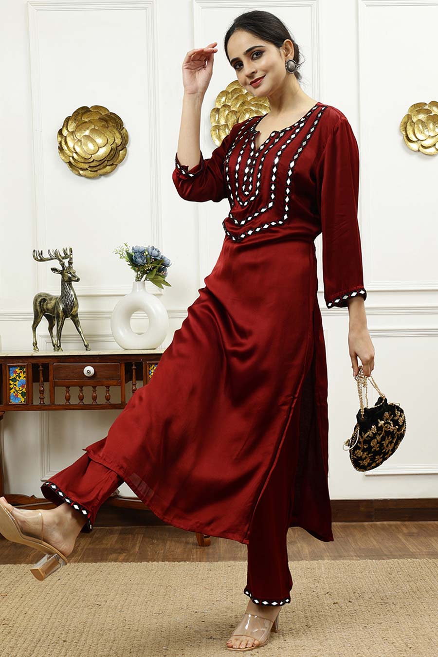 Rust Silk Embroidered Kurta & Pant Set