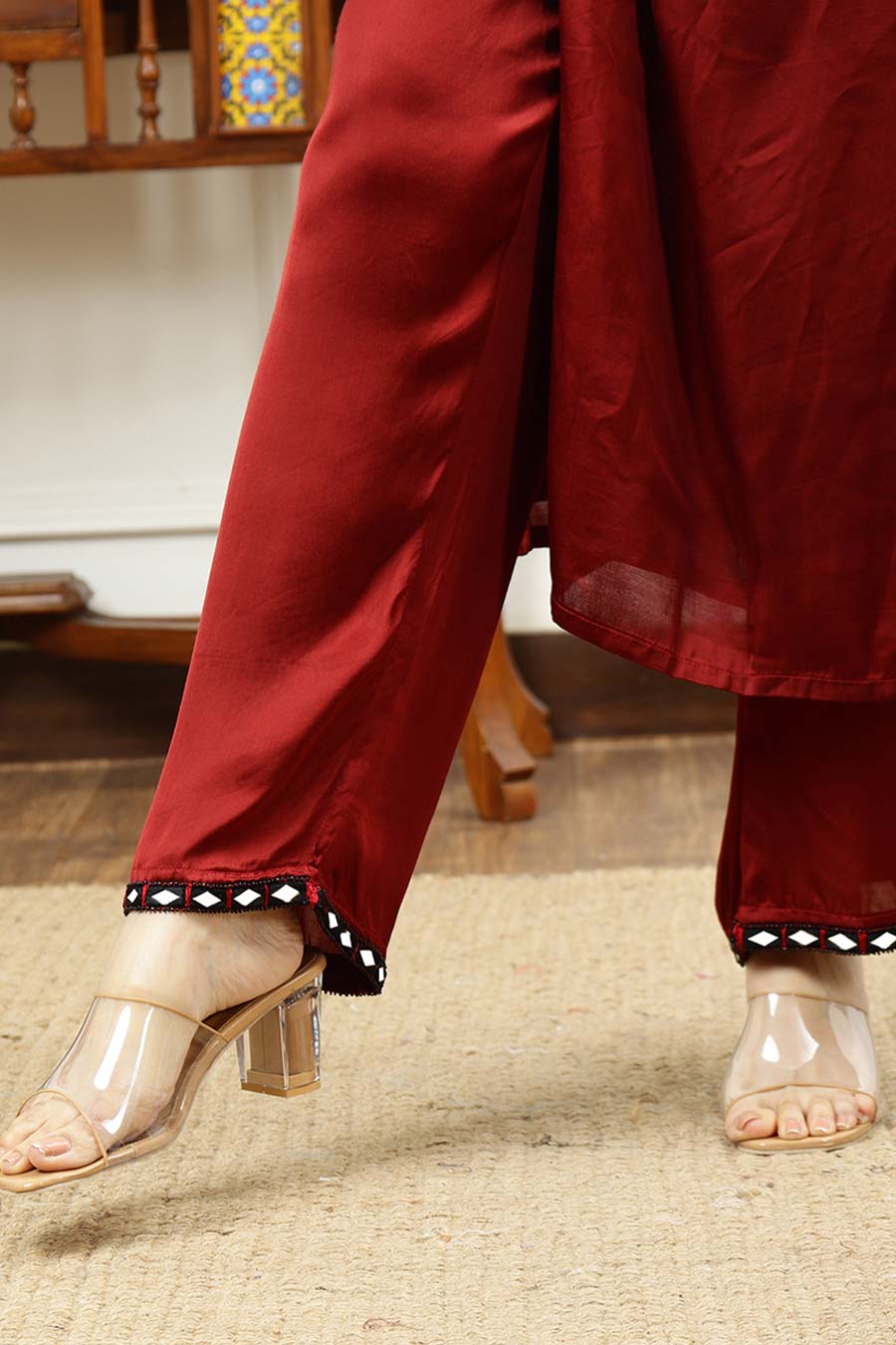Rust Silk Embroidered Kurta & Pant Set