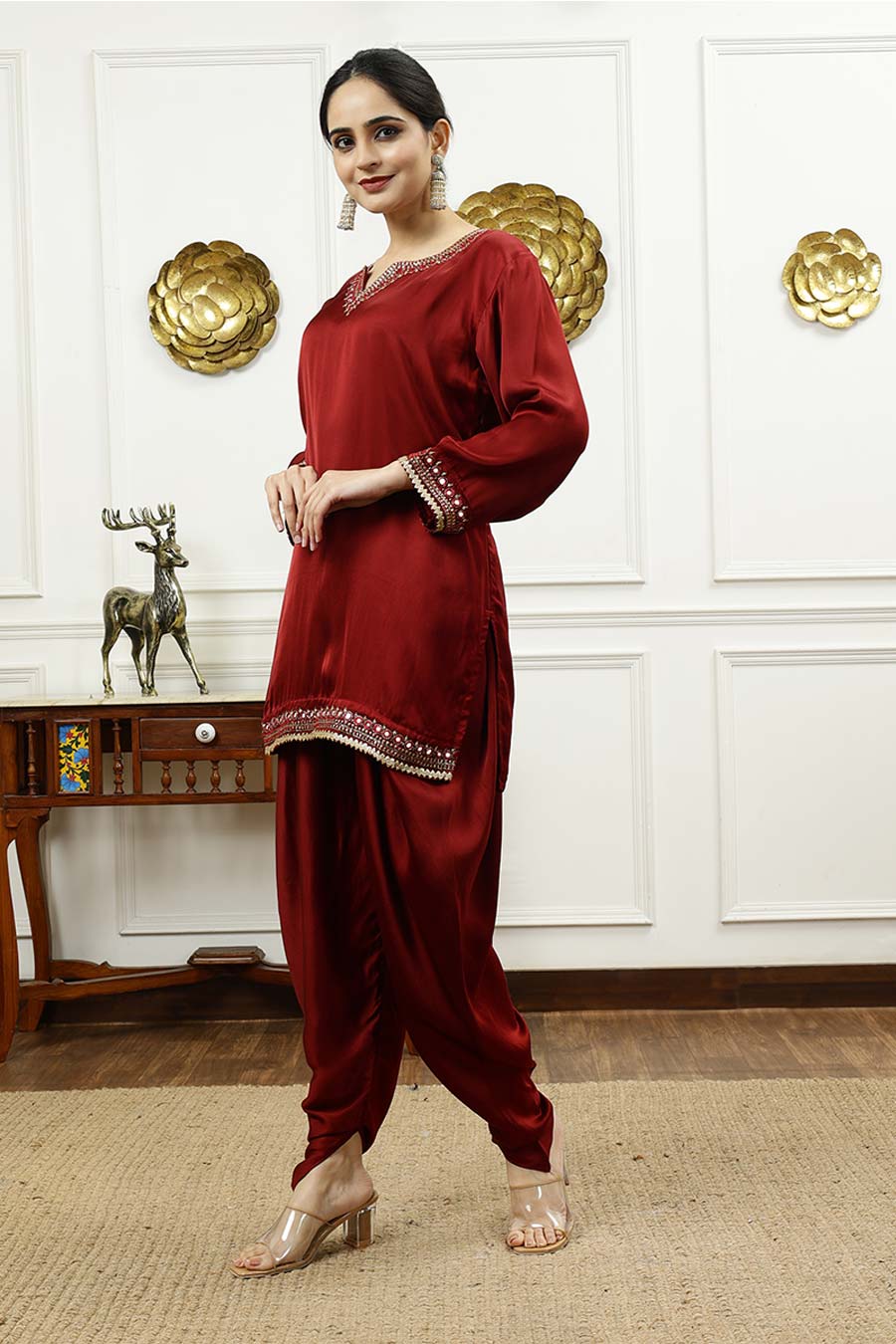 Rust Embroidered Short Kurta & Dhoti Pant Set