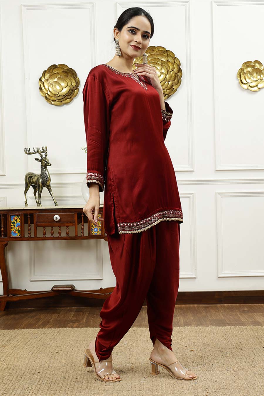 Rust Embroidered Short Kurta & Dhoti Pant Set