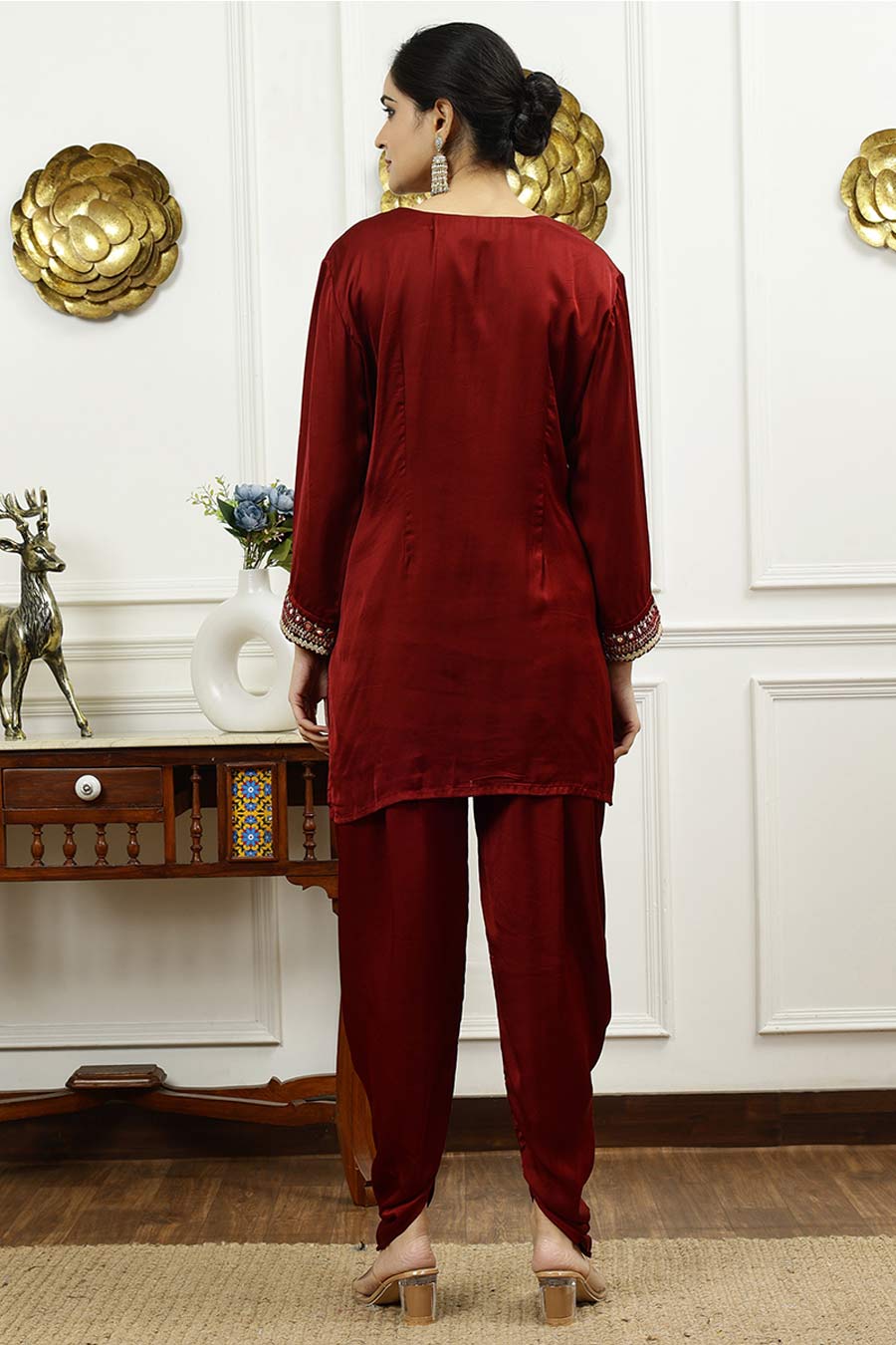 Rust Embroidered Short Kurta & Dhoti Pant Set