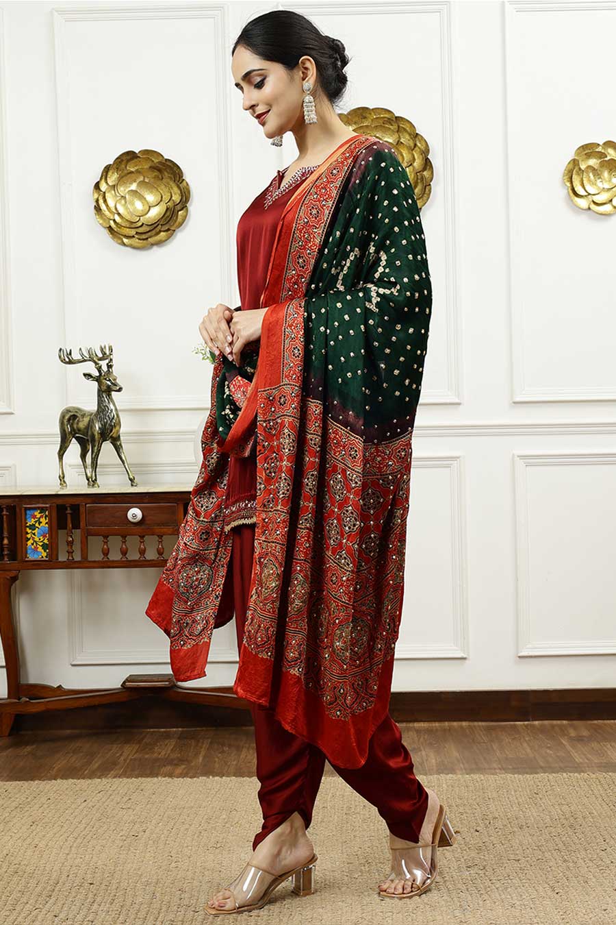 Rust Embroidered Short Kurta & Dhoti Pant Set