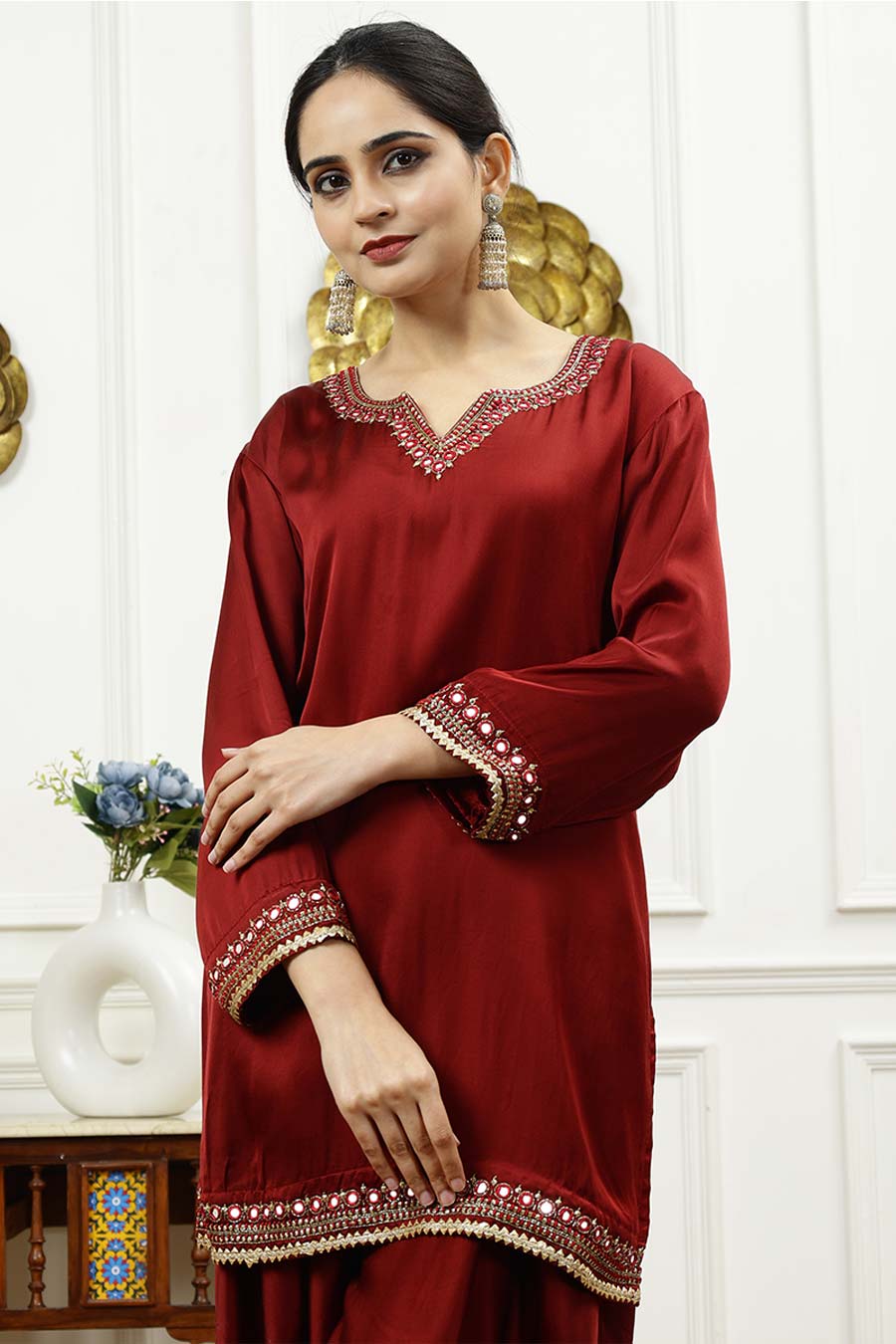 Rust Embroidered Short Kurta & Dhoti Pant Set