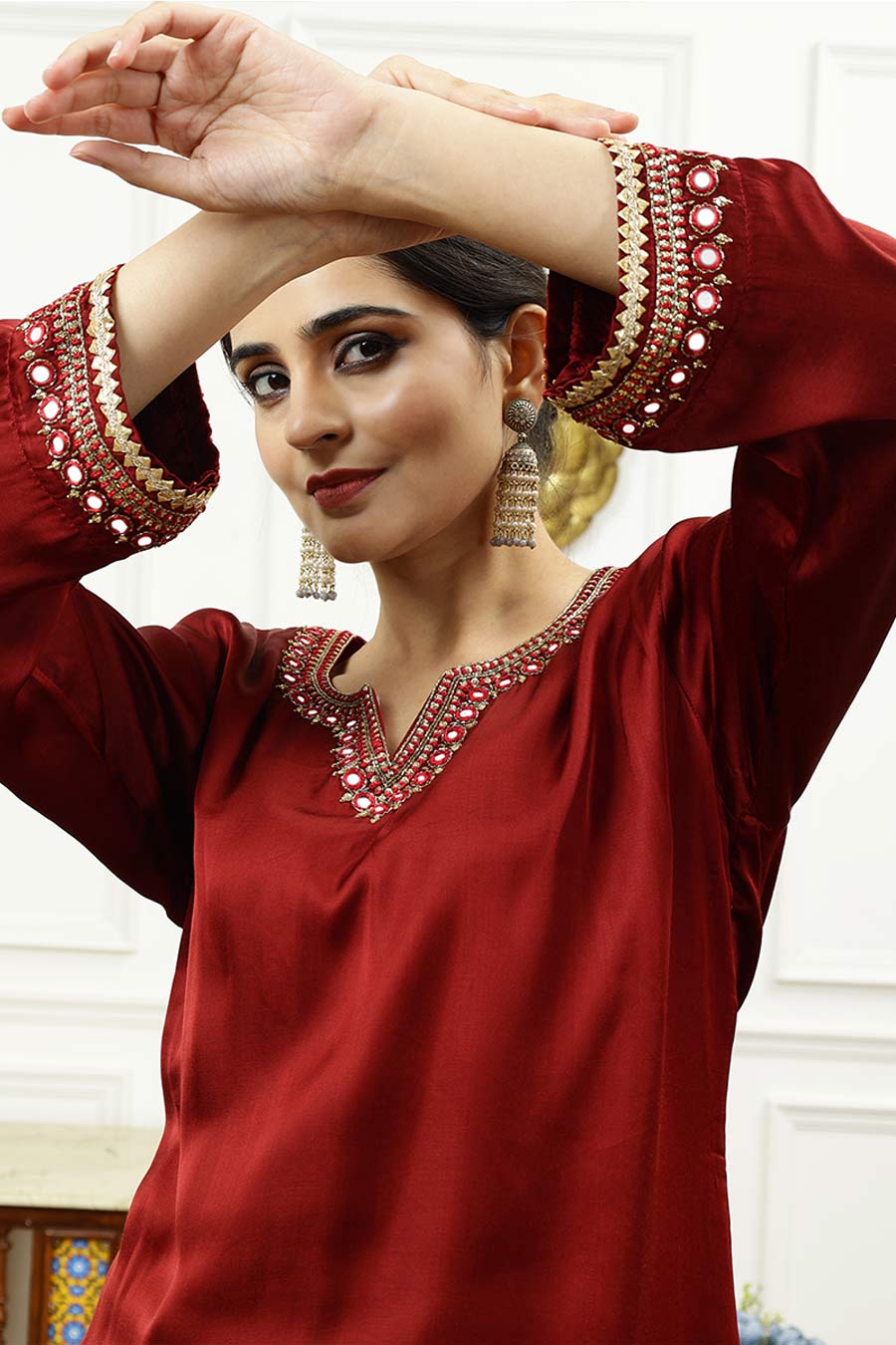 Rust Embroidered Short Kurta & Dhoti Pant Set
