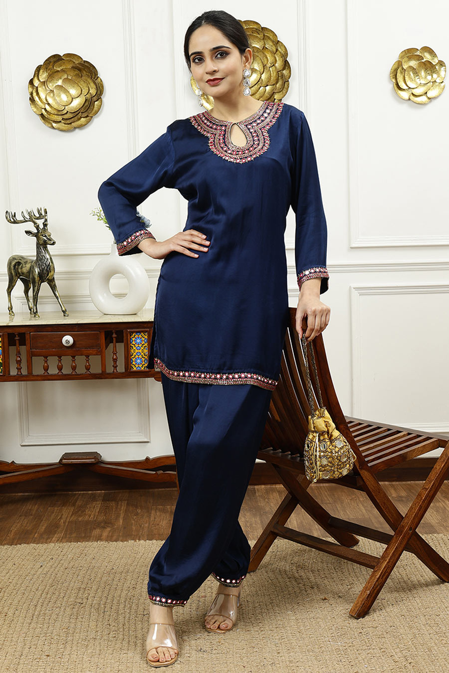 Royal Blue Embroidered Short Kurta & Pant Set