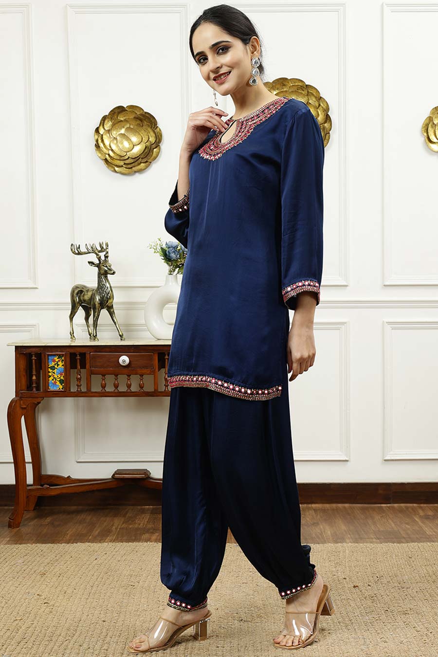 Royal Blue Embroidered Short Kurta & Pant Set