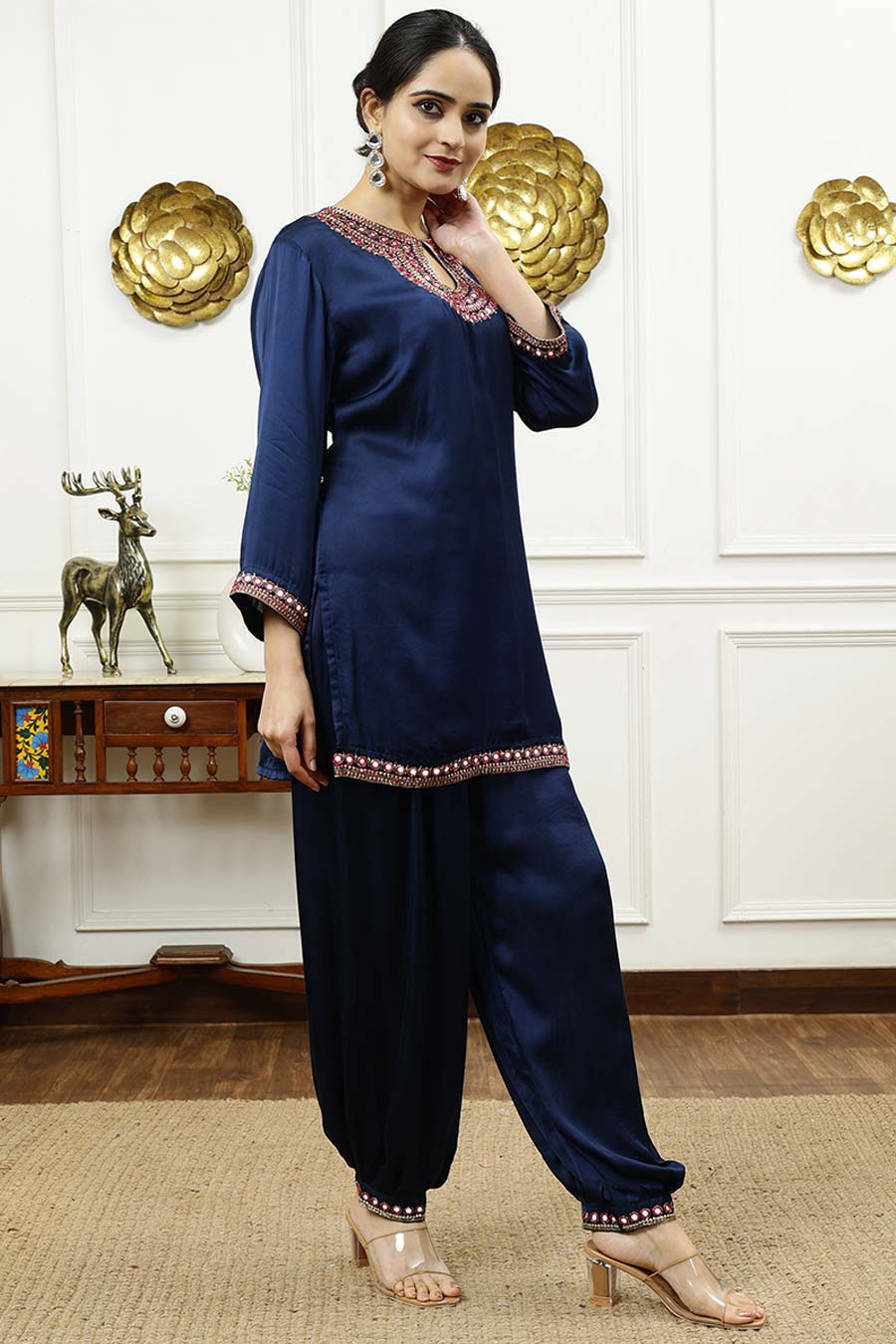 Royal Blue Embroidered Short Kurta & Pant Set