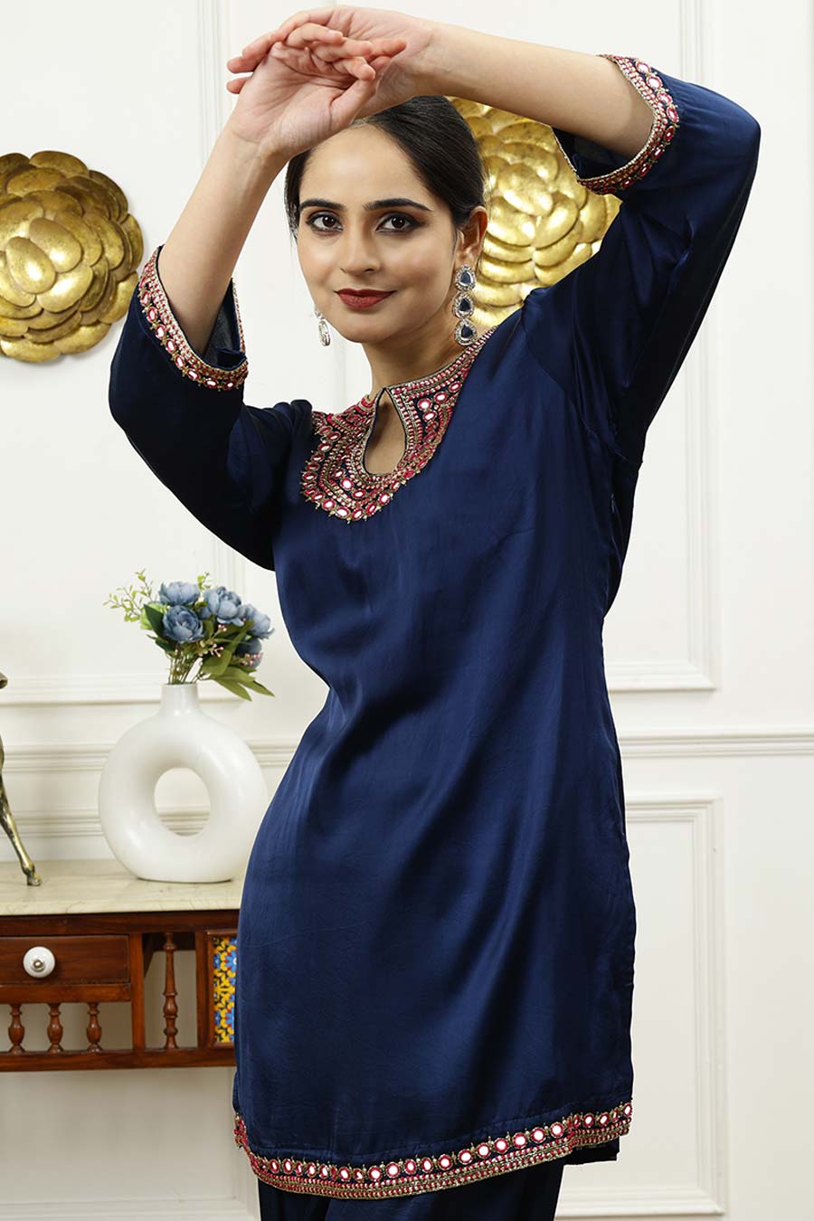 Royal Blue Embroidered Short Kurta & Pant Set