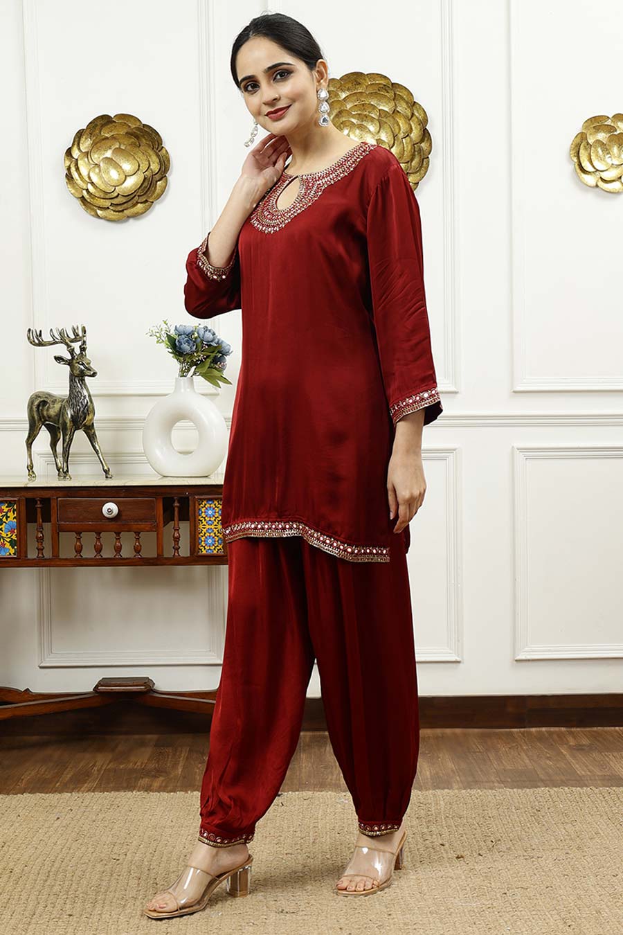 Rust Embroidered Short Kurta & Pant Set