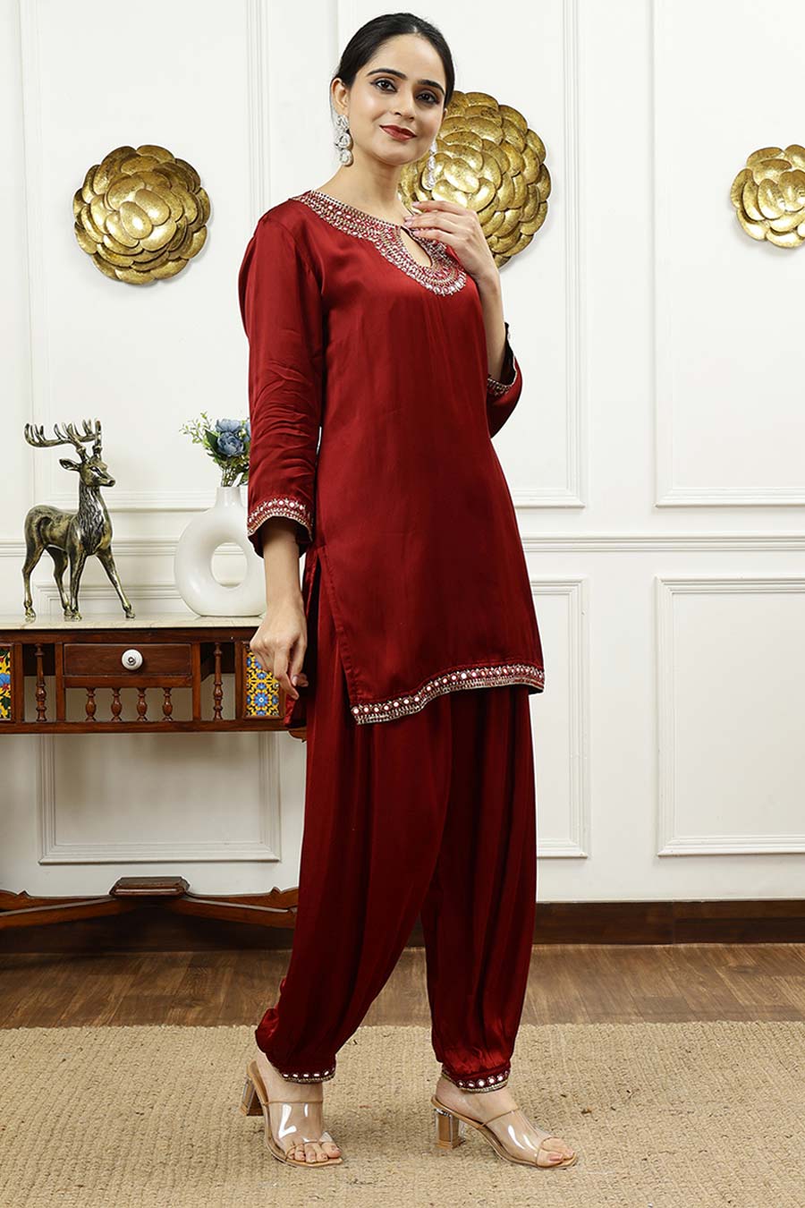 Rust Embroidered Short Kurta & Pant Set