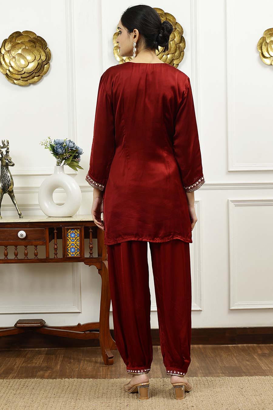 Rust Embroidered Short Kurta & Pant Set