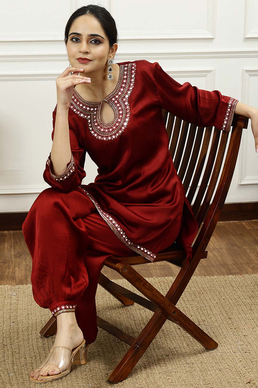 Rust Embroidered Short Kurta & Pant Set