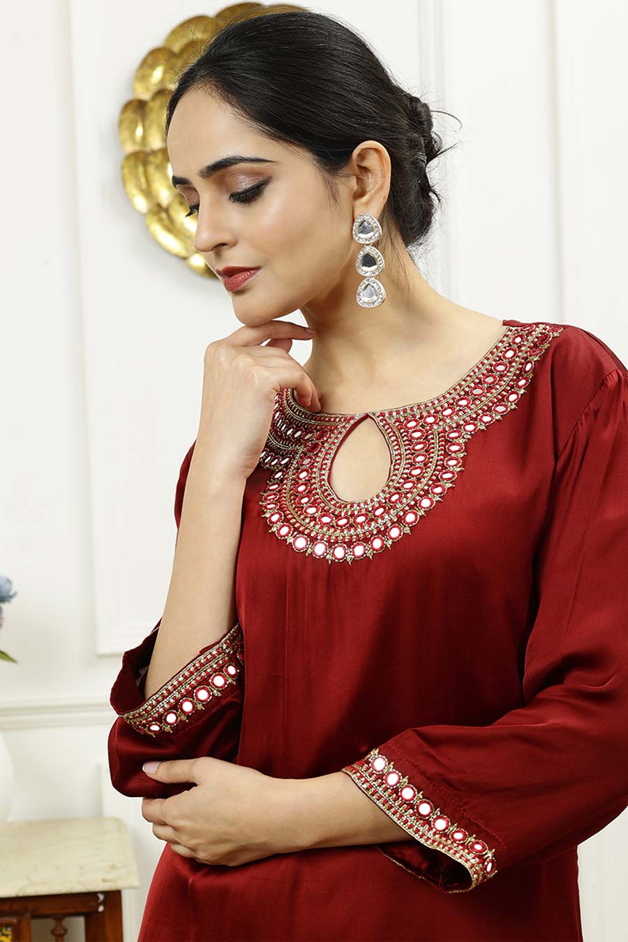 Rust Embroidered Short Kurta & Pant Set