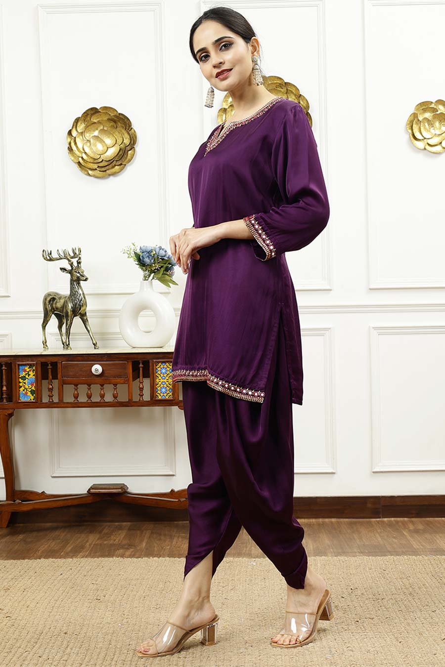 Purple Embroidered Short Kurta & Dhoti Pant Set