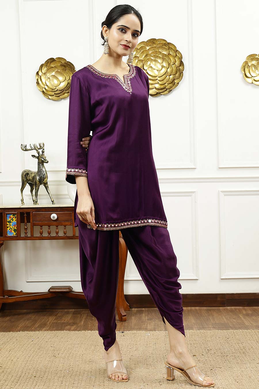 Purple Embroidered Short Kurta & Dhoti Pant Set