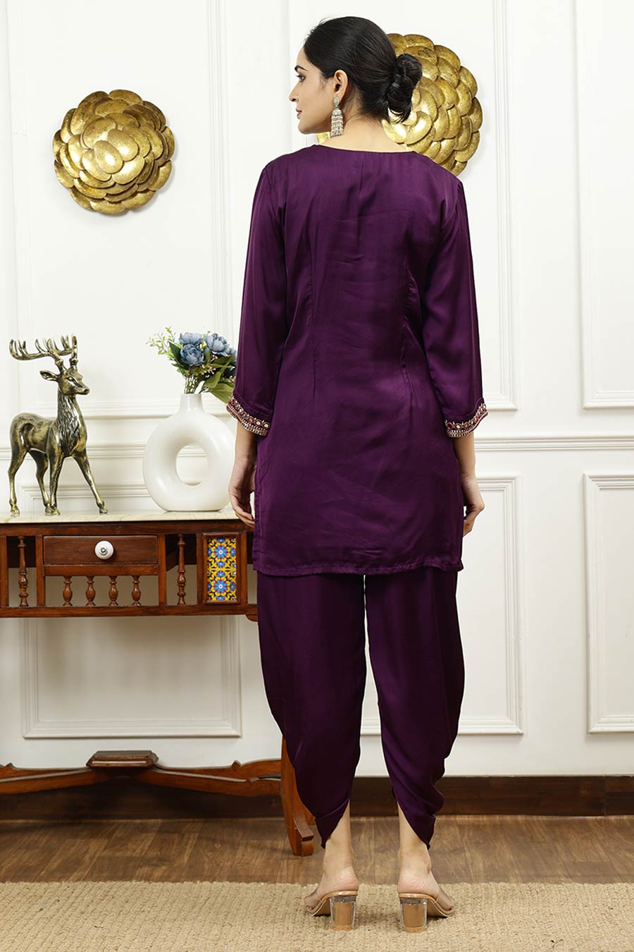 Purple Embroidered Short Kurta & Dhoti Pant Set