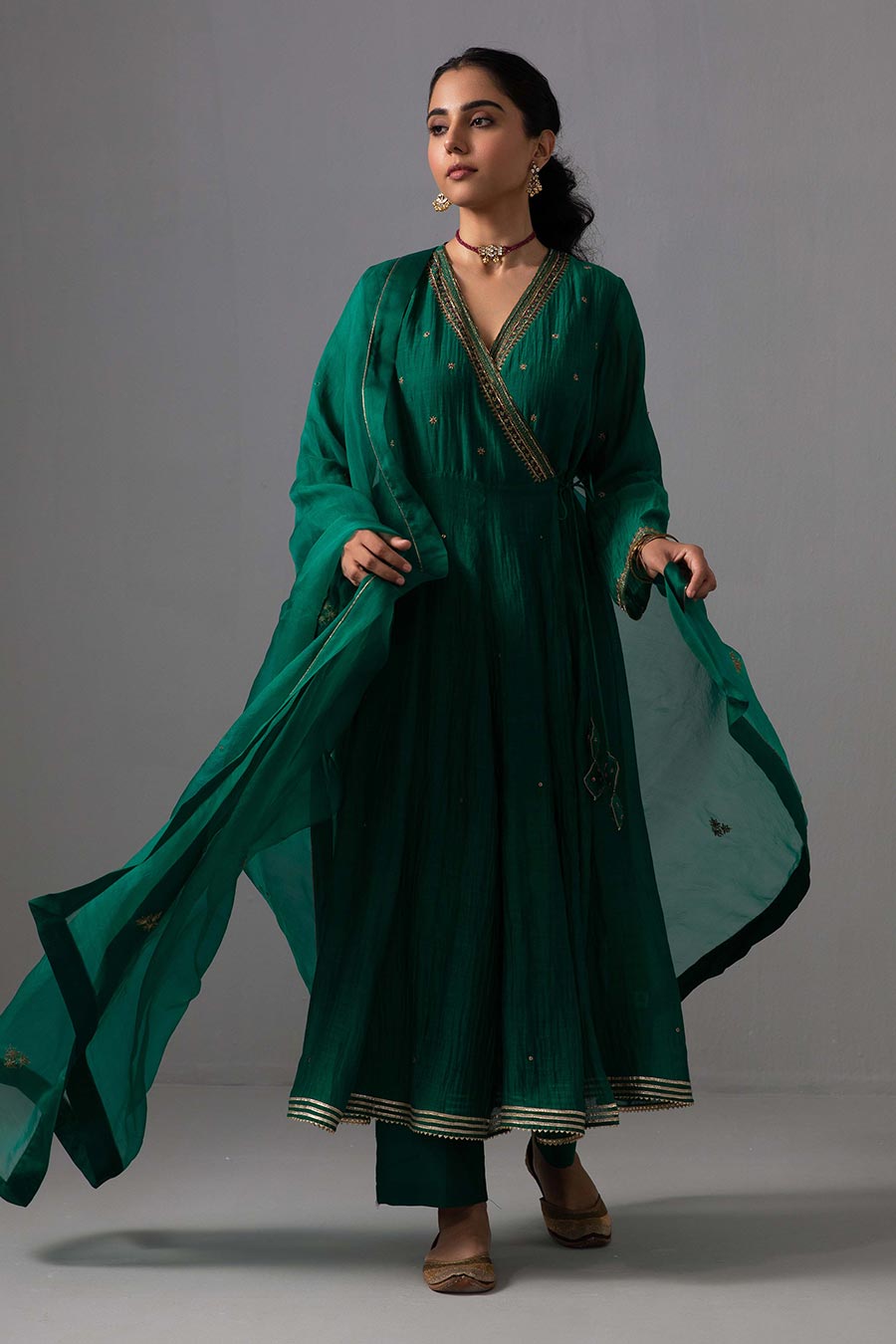 Emerald Green Embroidered Angrakha Kurta Set