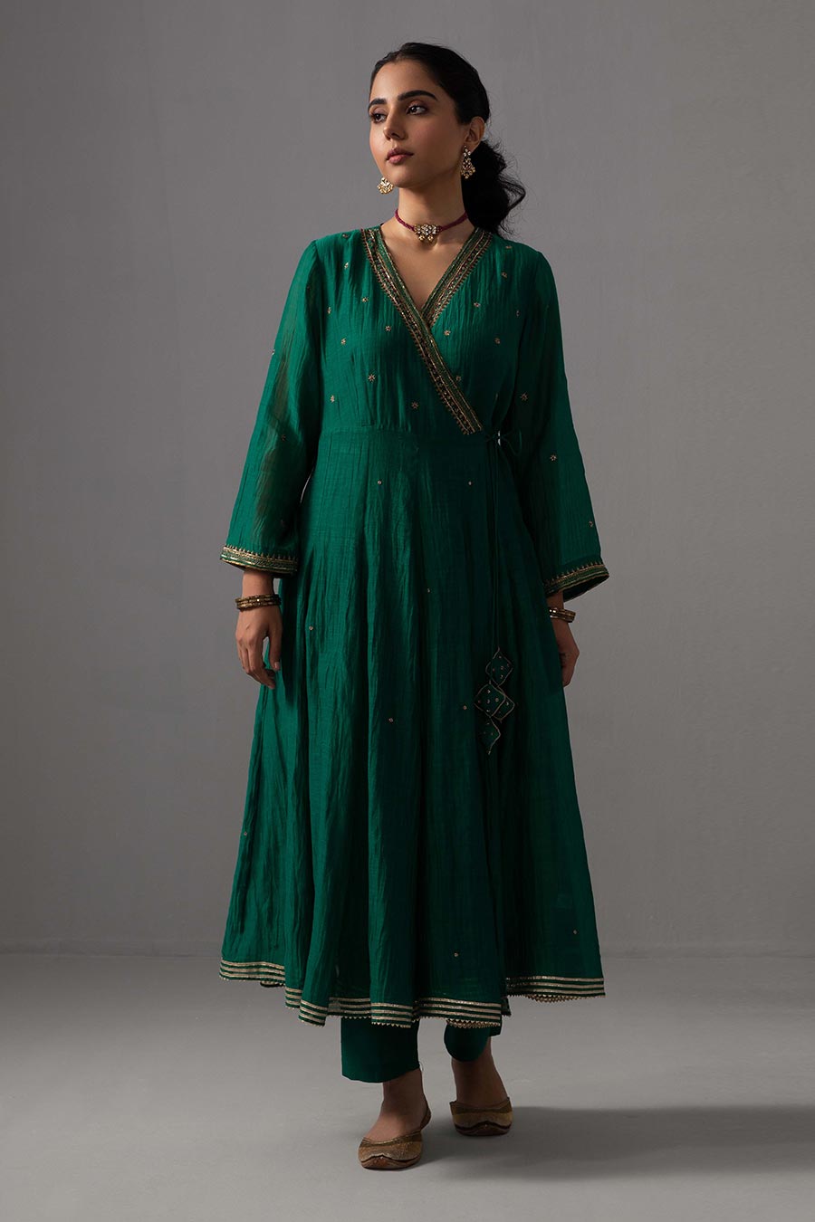 Emerald Green Embroidered Angrakha Kurta Set