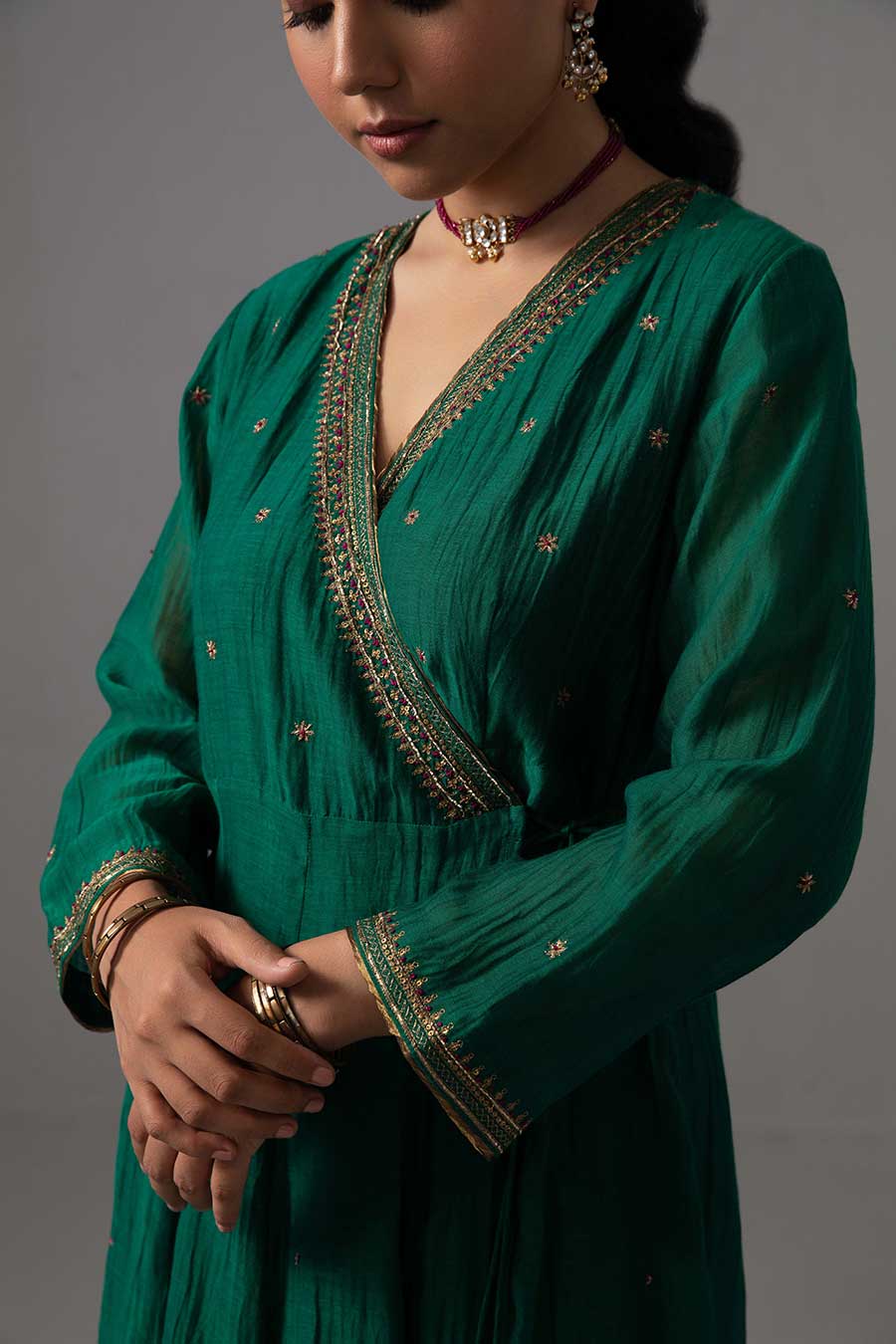 Emerald Green Embroidered Angrakha Kurta Set