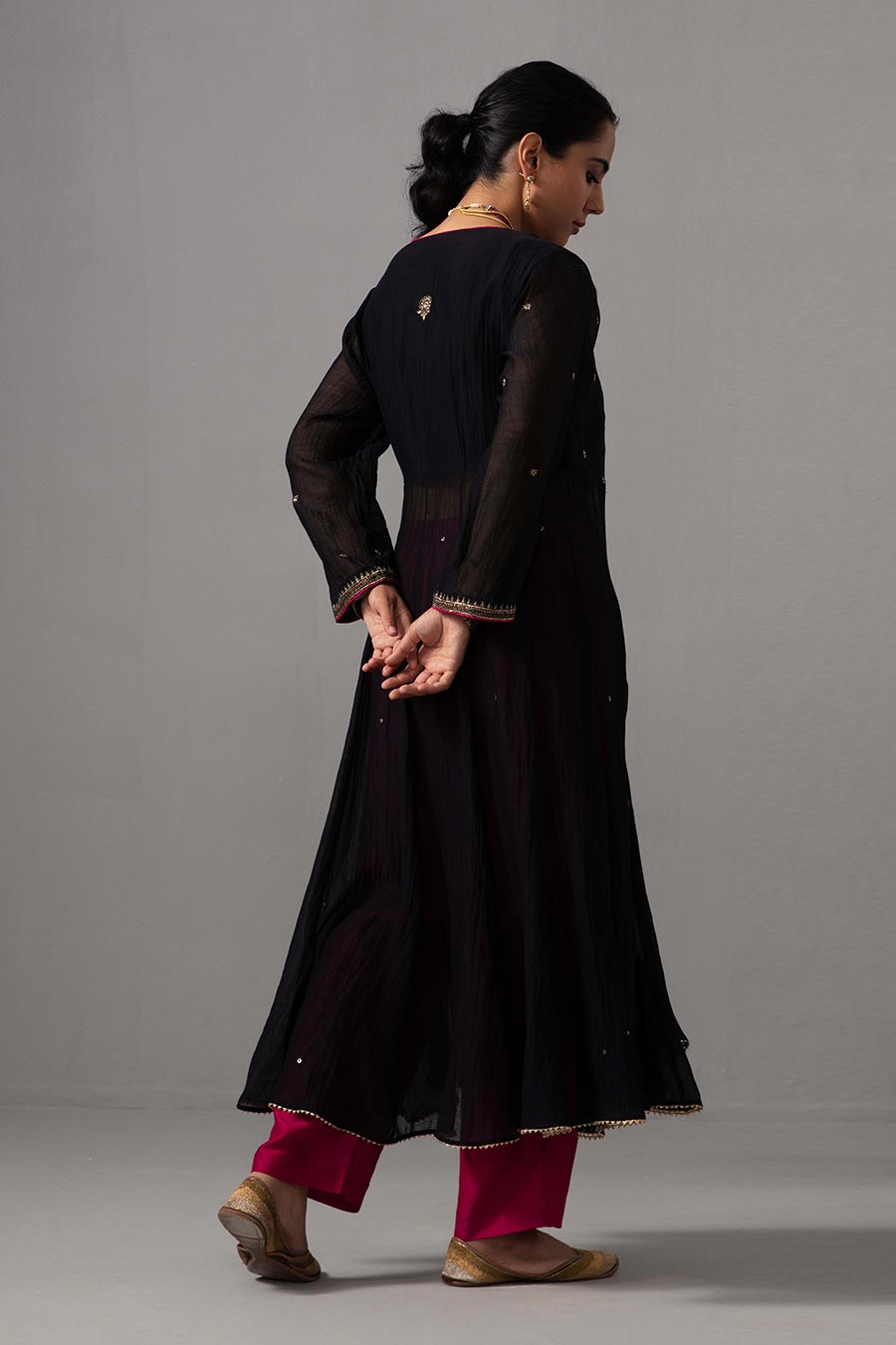 Black & Pink Embroidered Angrakha Kurta Set