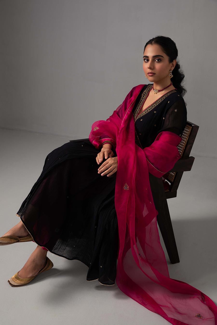 Black & Pink Embroidered Angrakha Kurta Set