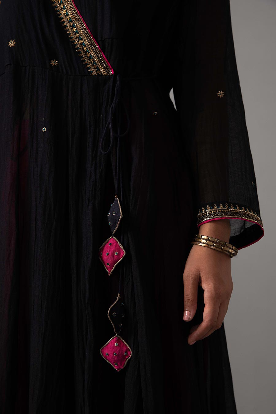 Black & Pink Embroidered Angrakha Kurta Set