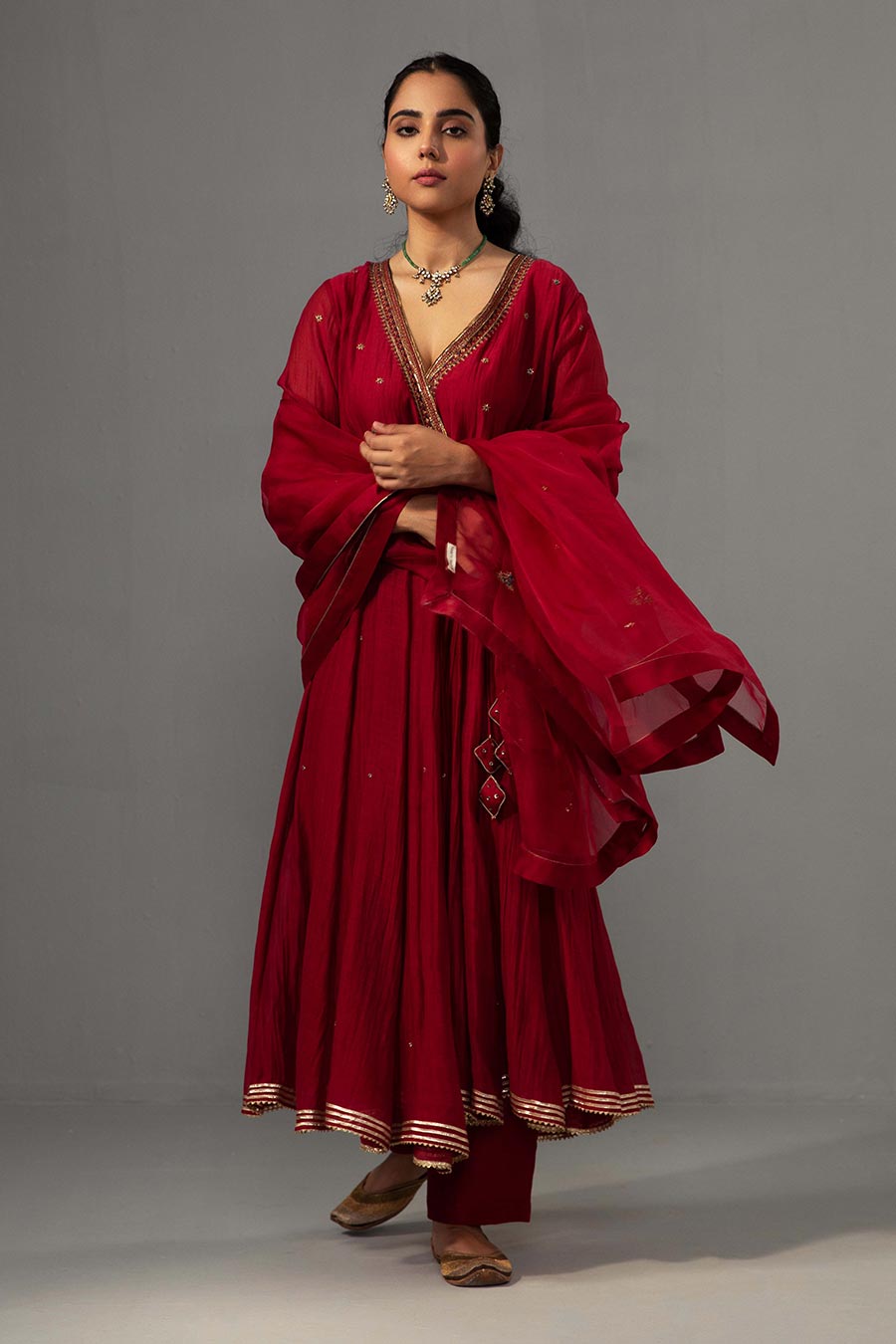 Red Embroidered Angrakha Kurta Set