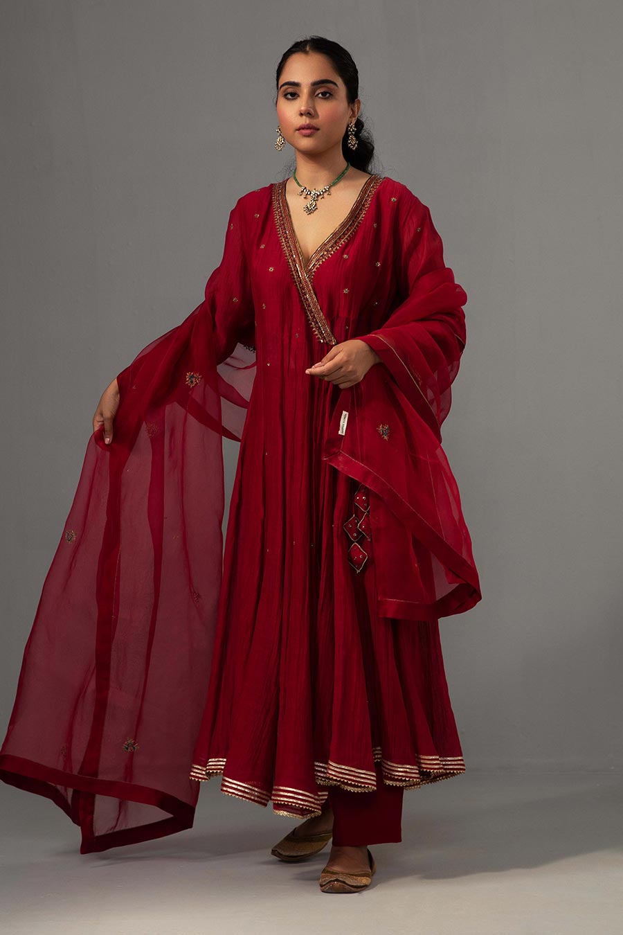 Red Embroidered Angrakha Kurta Set