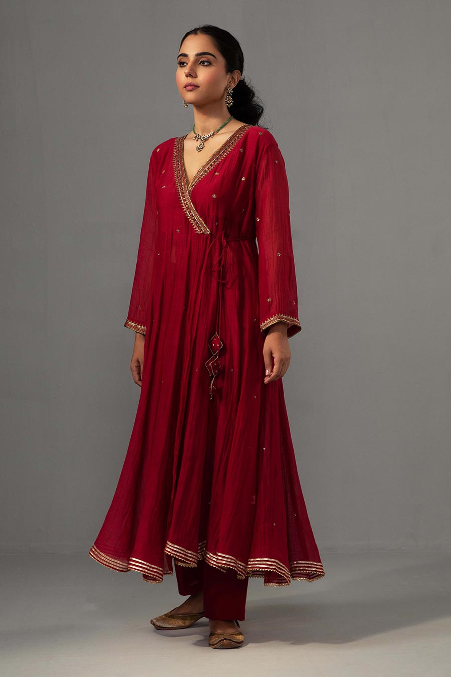 Red Embroidered Angrakha Kurta Set