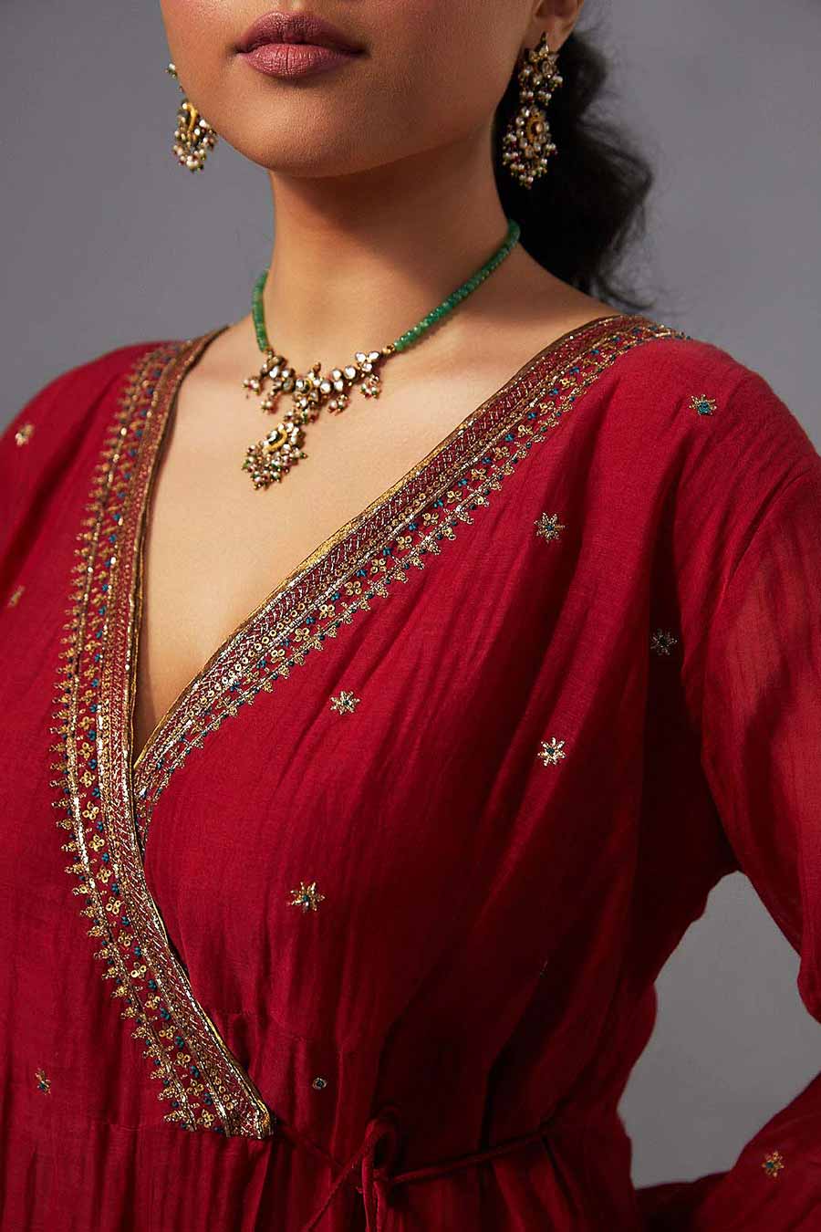 Red Embroidered Angrakha Kurta Set