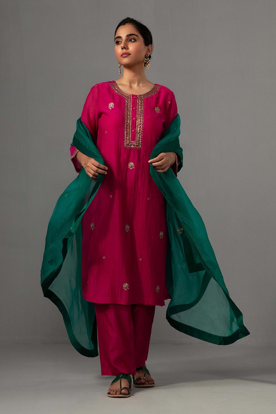 Fuschia & Green Hand Embroidered Kurta Set