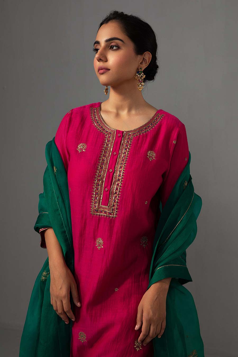 Fuschia & Green Hand Embroidered Kurta Set