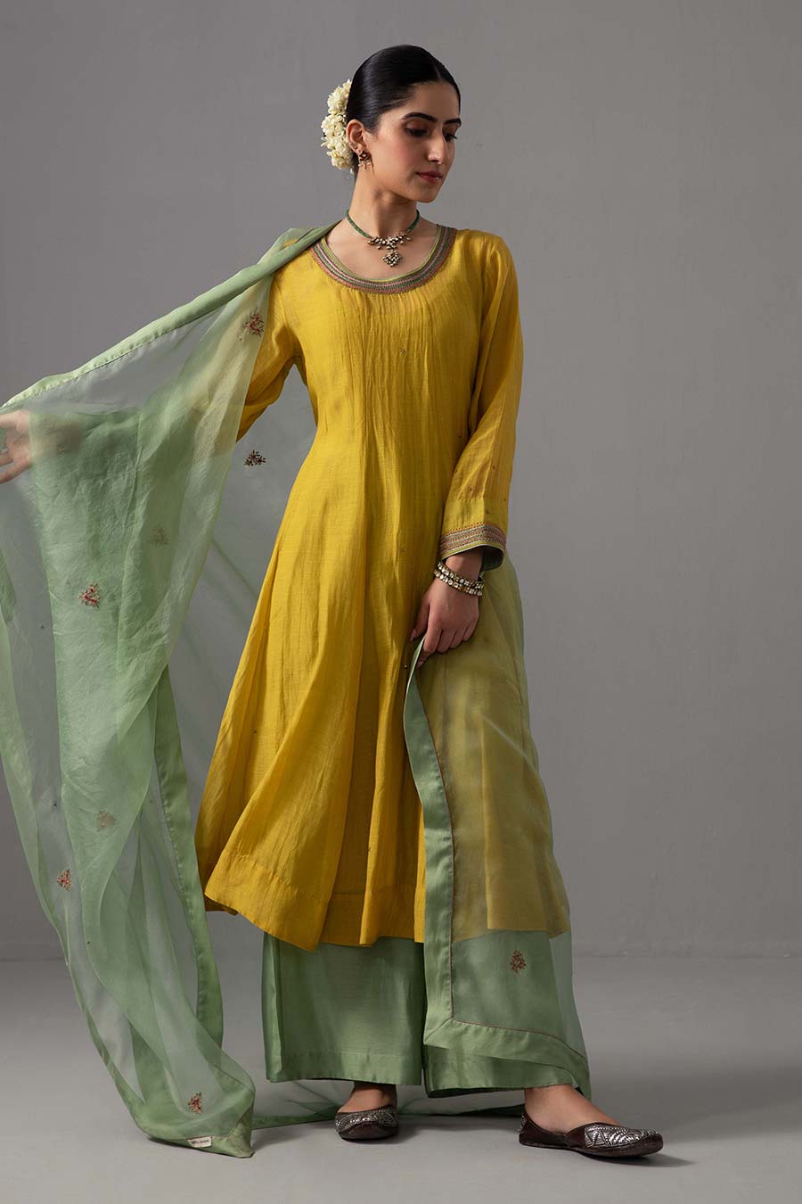 Yellow & Green Embroidered Anarkali Set