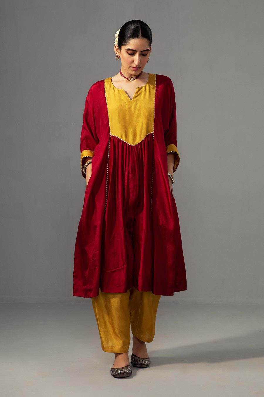 Red Colour Block Gota lace Kurta & Pant Set