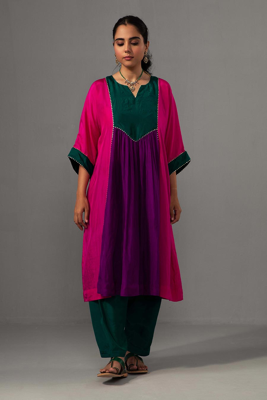 Rani Pink Colour Block Gota lace Kurta & Pant Set