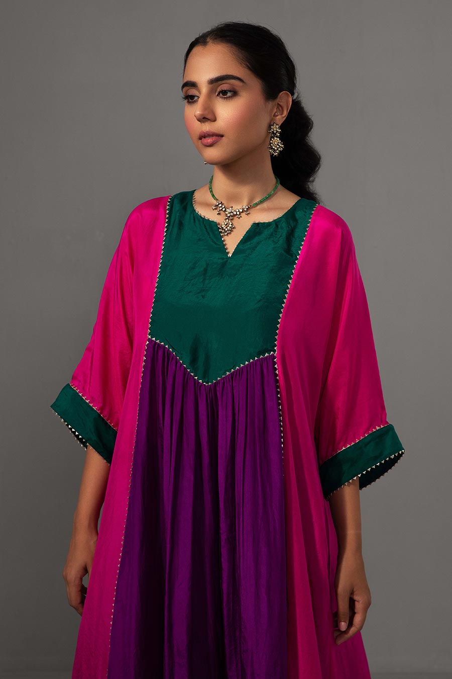 Rani Pink Colour Block Gota lace Kurta & Pant Set