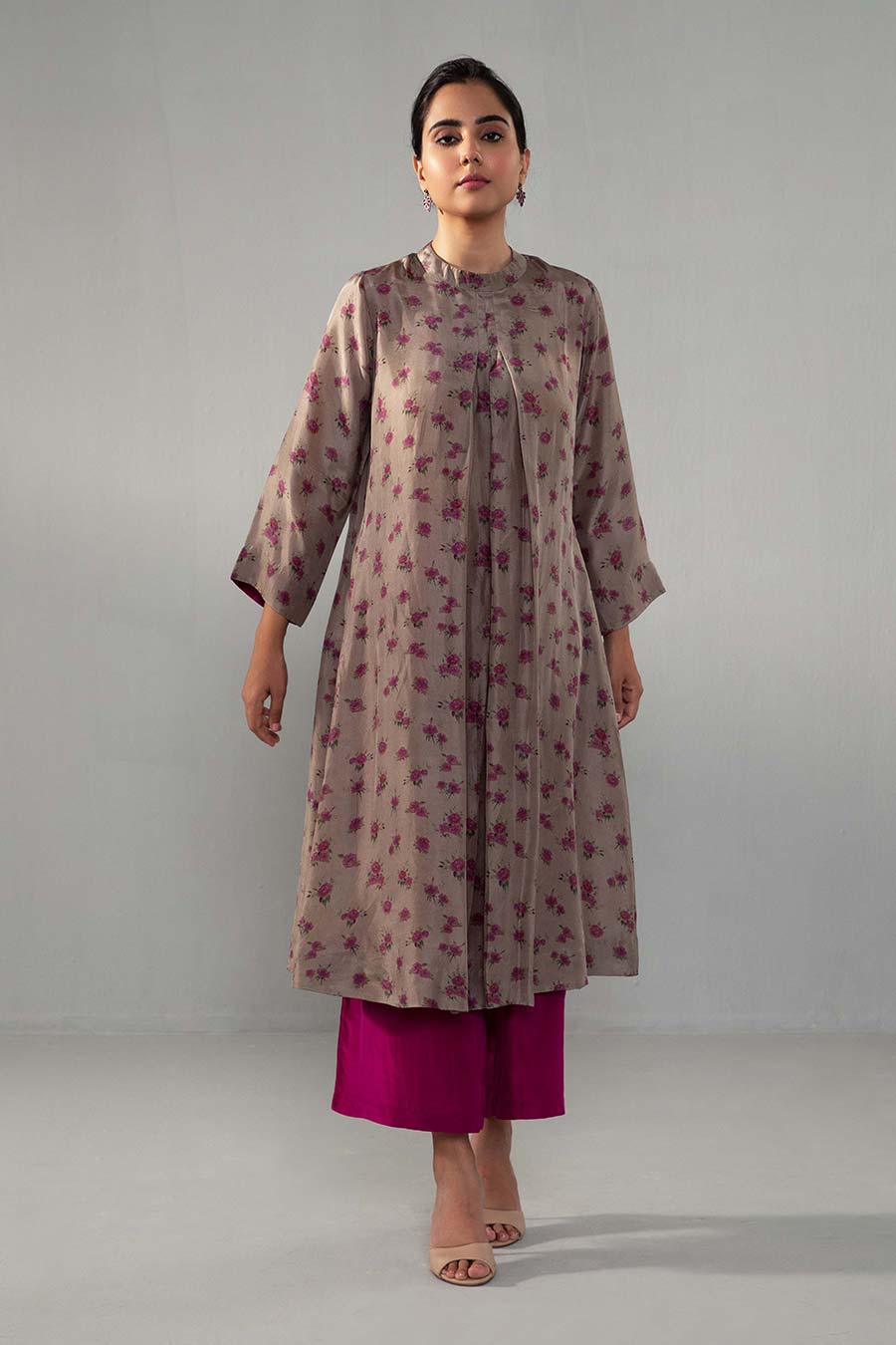 Brown Print Pleated Kurta & Pant Set