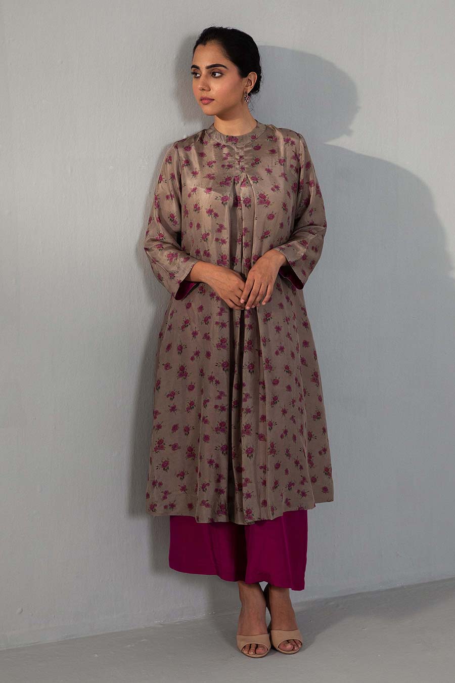 Brown Print Pleated Kurta & Pant Set