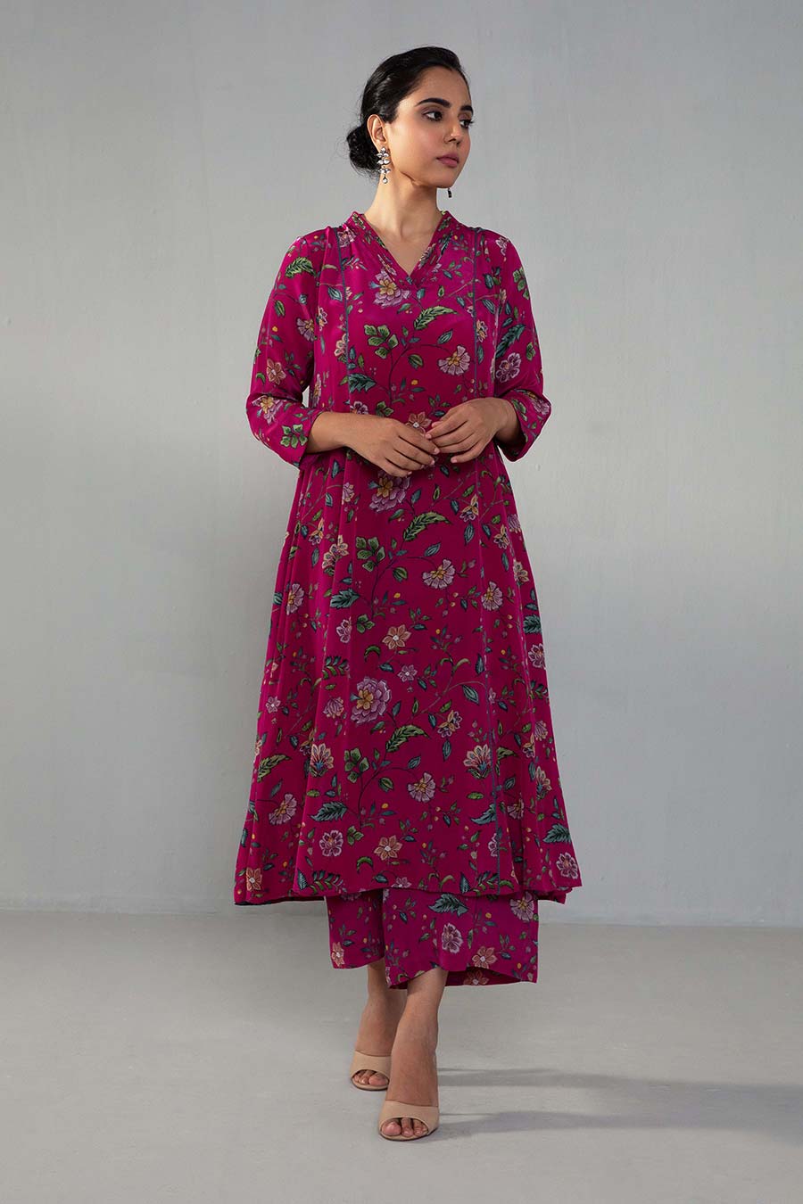 Fuschia Floral Print Kurta & Pant Co-ord Set