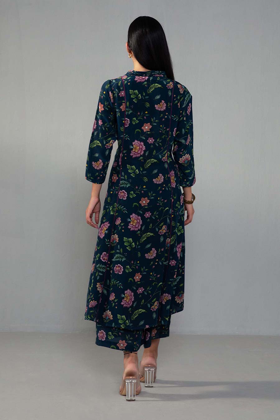 Navy Blue Floral Print Kurta & Pant Co-ord Set