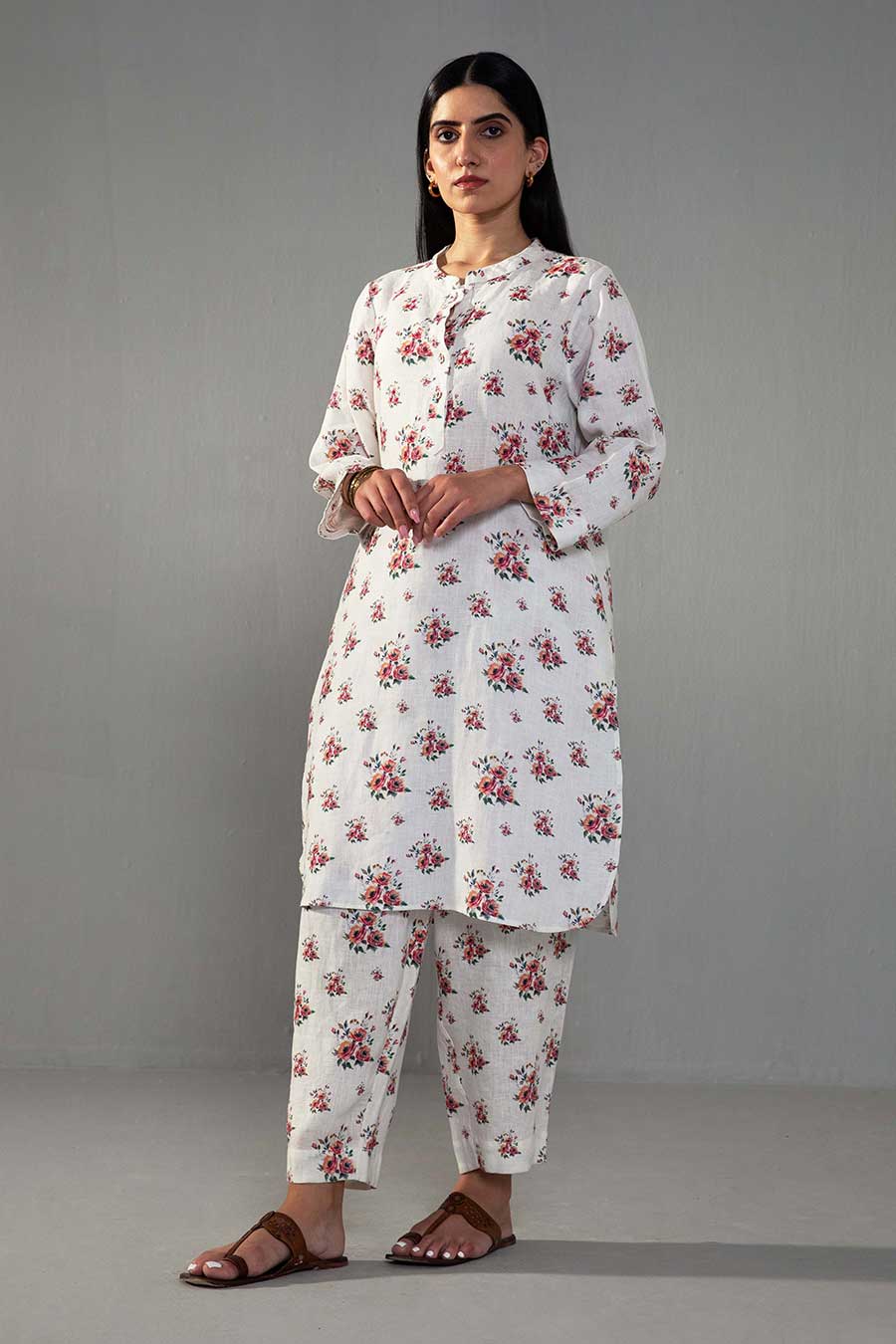 White Rose Print Kurta & Pant Co-ord Set