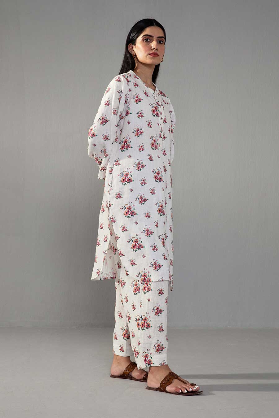 White Rose Print Kurta & Pant Co-ord Set