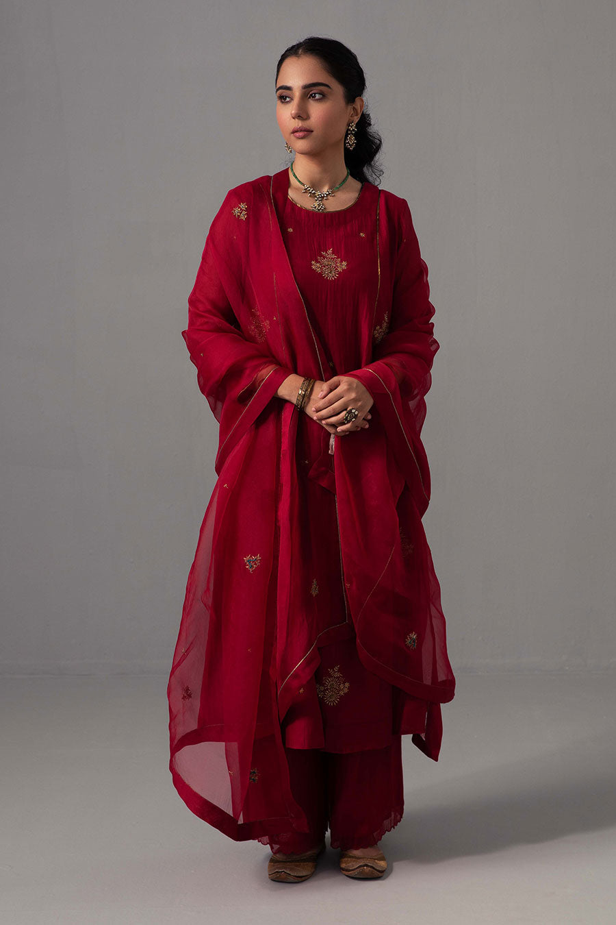 Red Embroidered Kurta Set