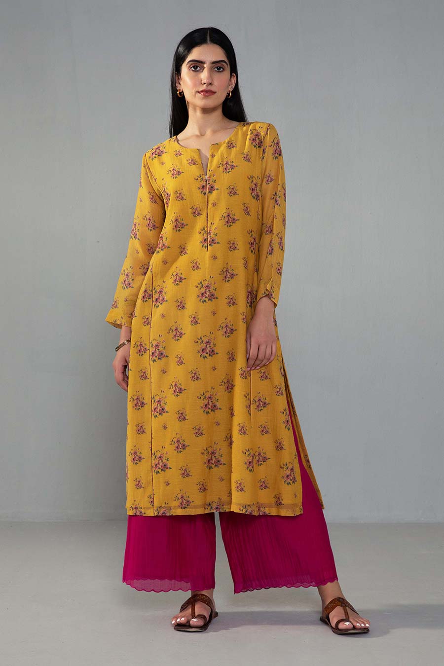 Yellow Rose Print Kurta & Pant Co-ord Set