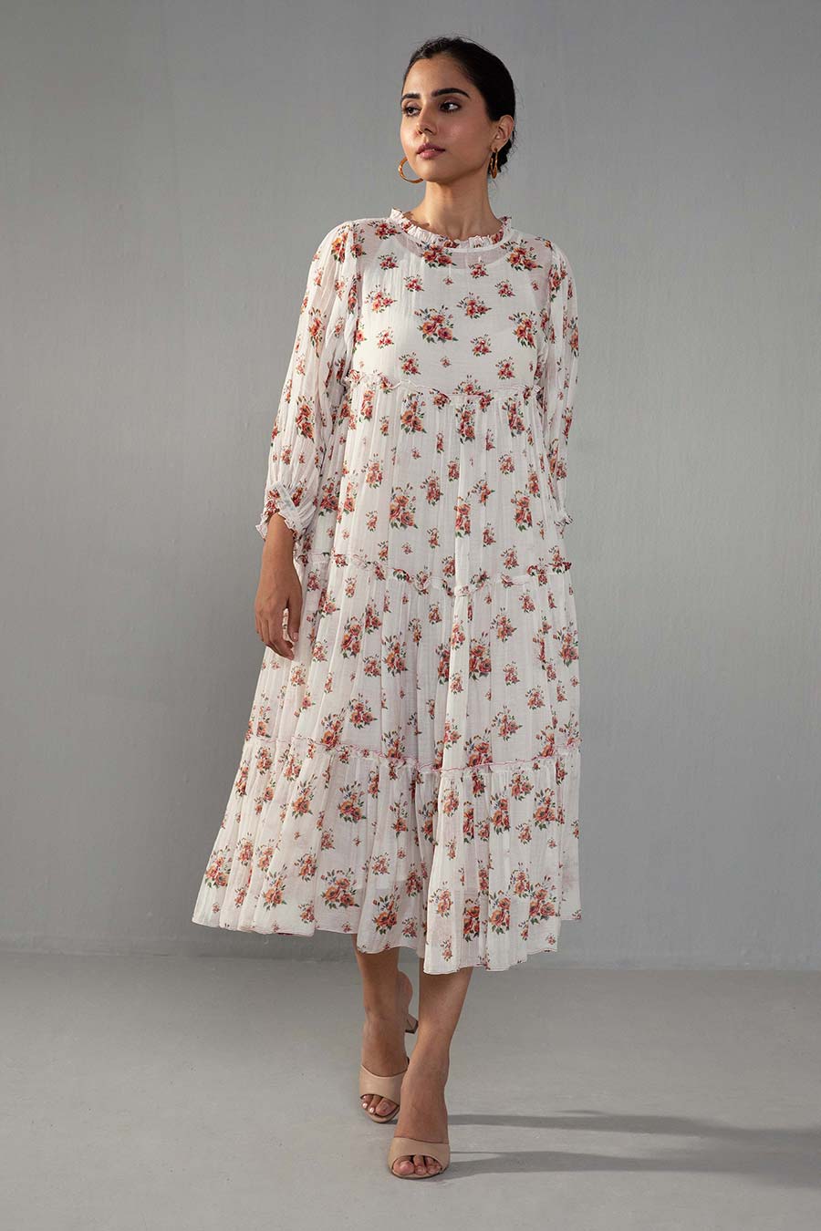 White Rose Print Tiered Dress