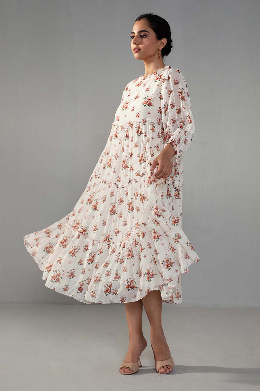 White Rose Print Tiered Dress