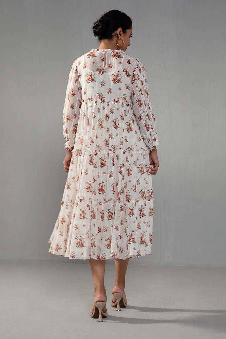 White Rose Print Tiered Dress