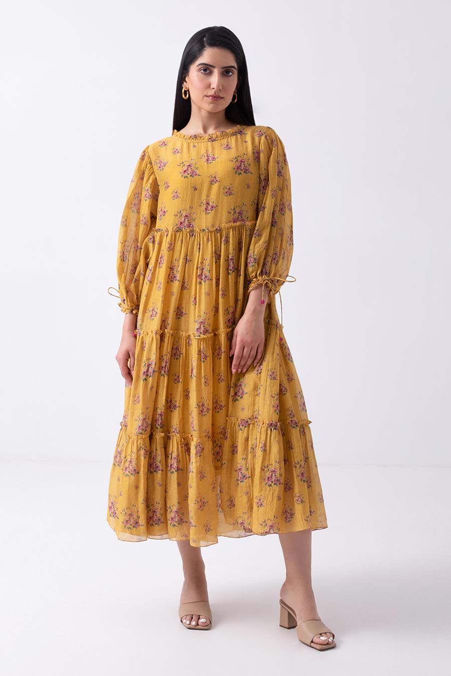 Yellow Rose Print Tiered Dress